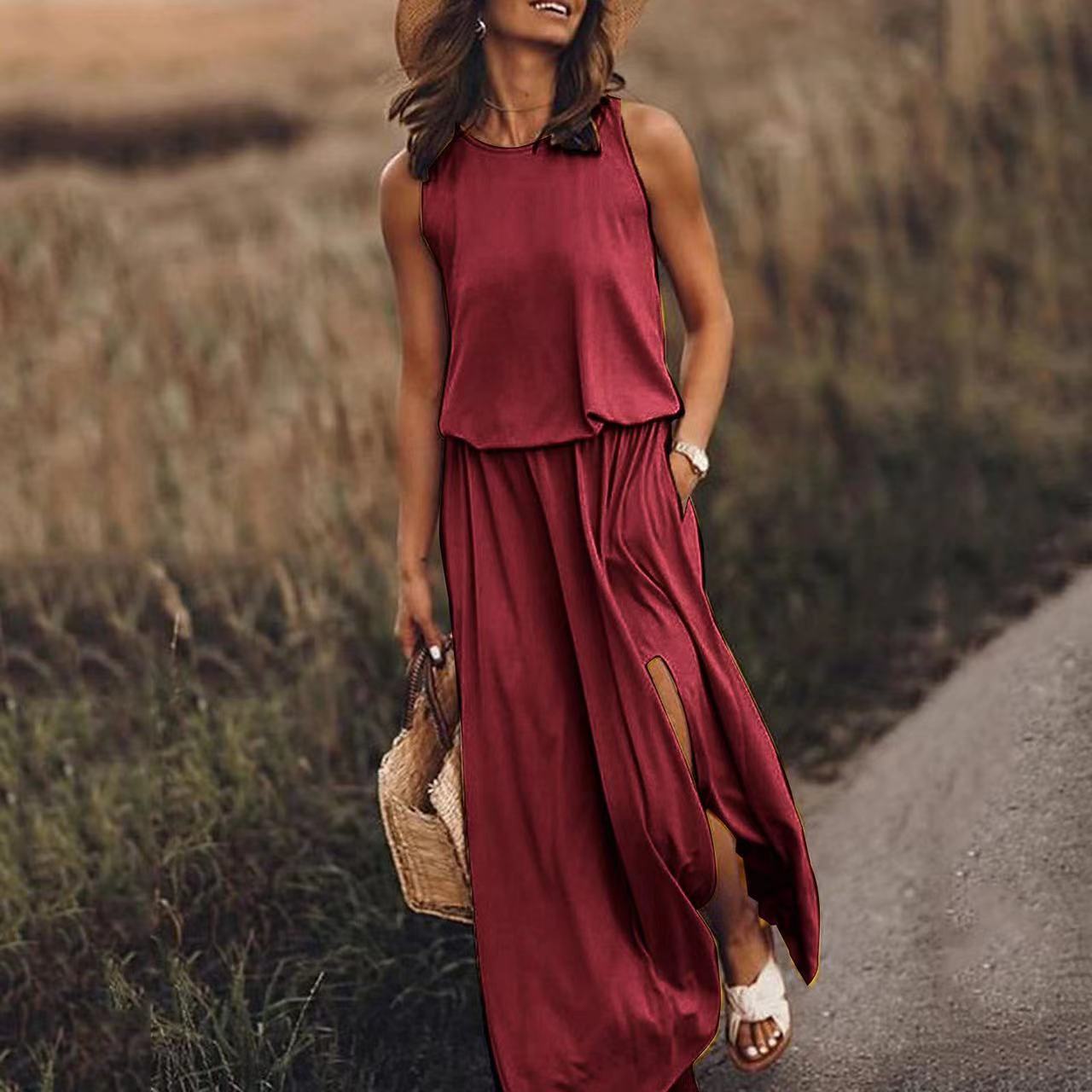 Sarah Express Women's Sleeveless Round Neck Dress with Side Split Solid Color