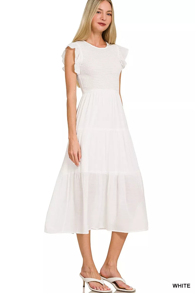 Sarah Express Women's Woven Smocked Ruffle Sleeve Midi Dress