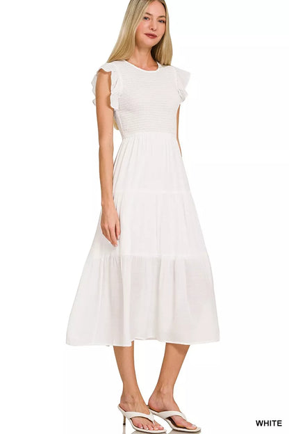 Sarah Express Women's Woven Smocked Ruffle Sleeve Midi Dress