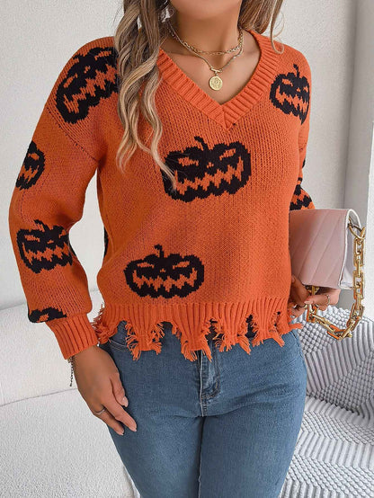 Sarah Express Women's Color Block Pumpkin Distressed Pullover Sweater Long Sleeve Knitwear