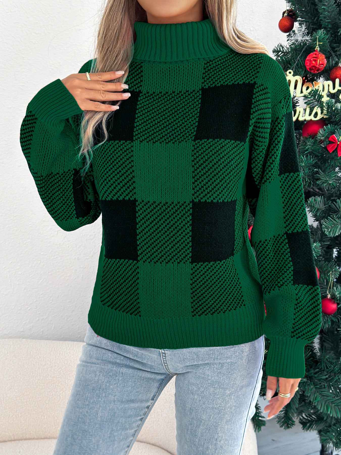 Sarah Express Women's Color Block Plaid Turtleneck Sweater - Lantern Sleeve Pullover Green