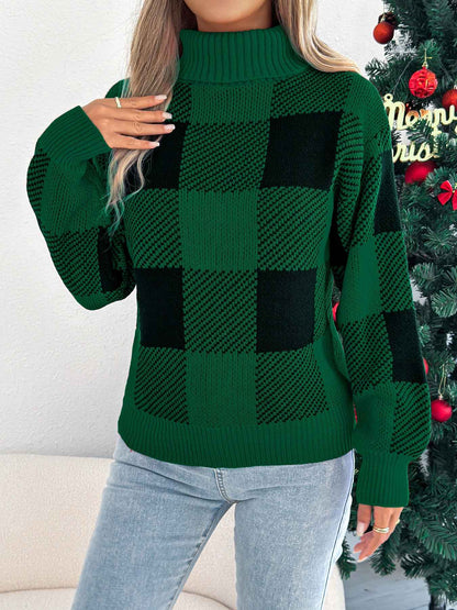 Sarah Express Women's Color Block Plaid Turtleneck Sweater - Lantern Sleeve Pullover Green