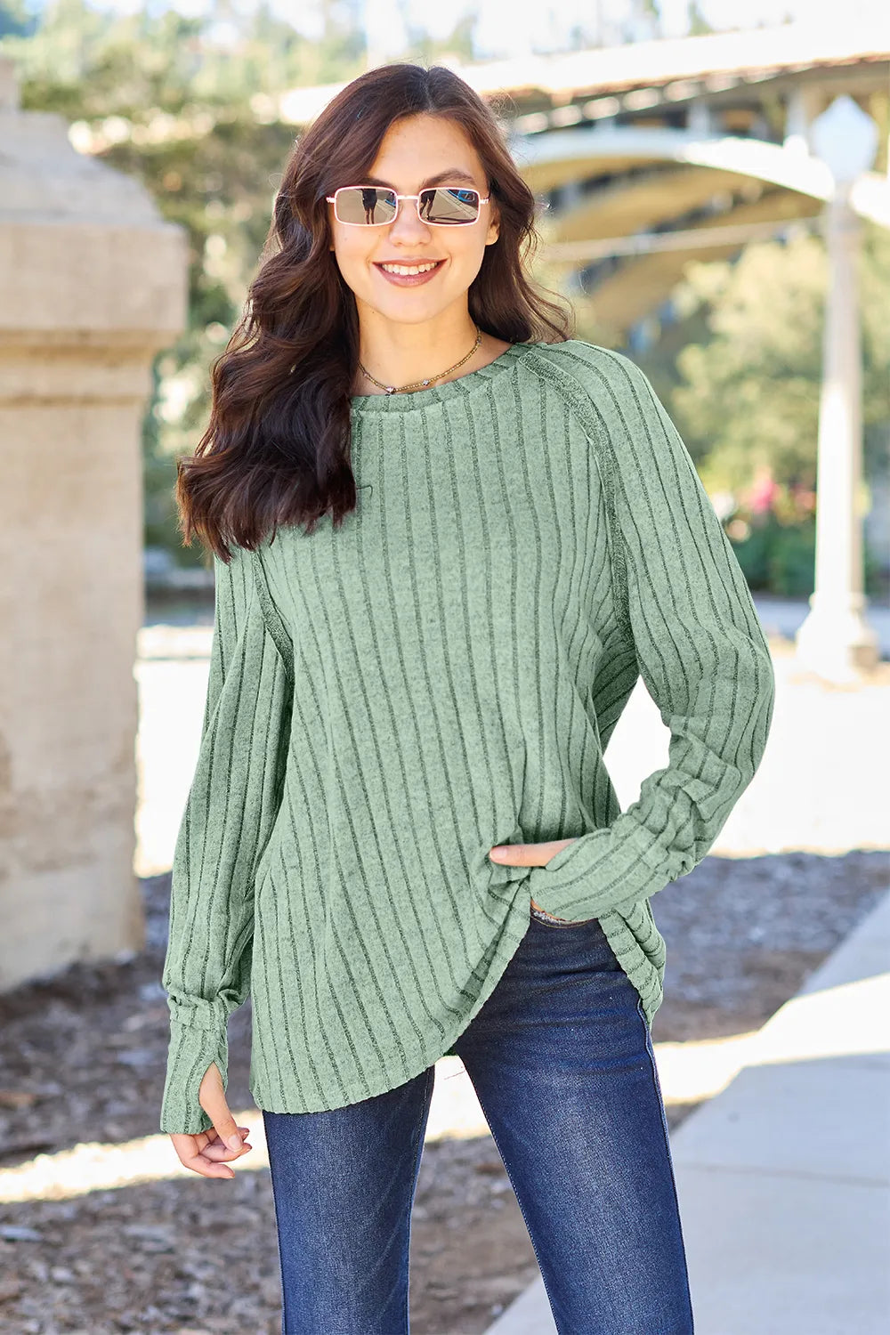 Sarah Express Women's Ribbed Round Neck Long Sleeve Knit Top Light Green