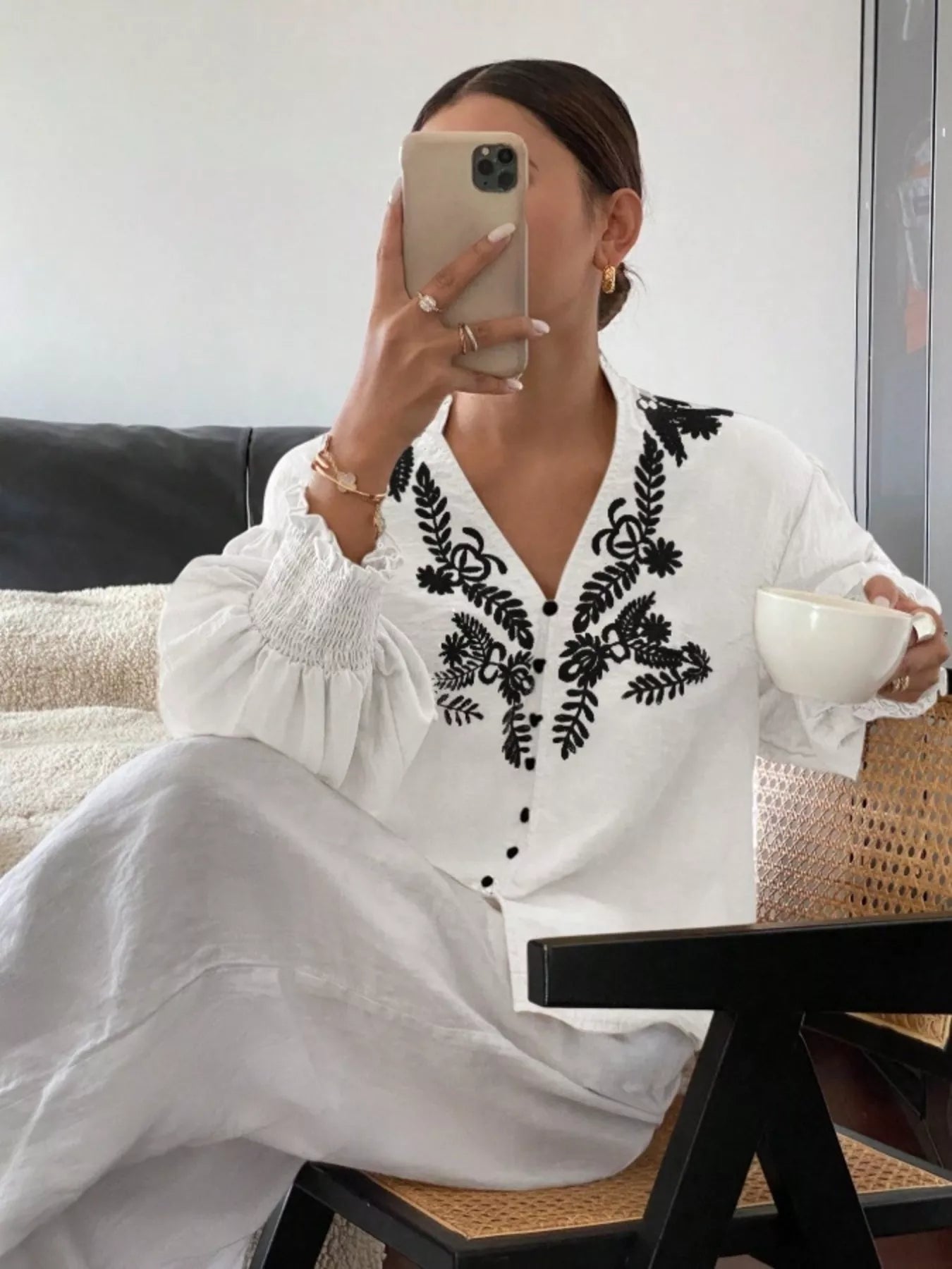 Sarah Express Women's Embroidered Long Sleeve Blouse