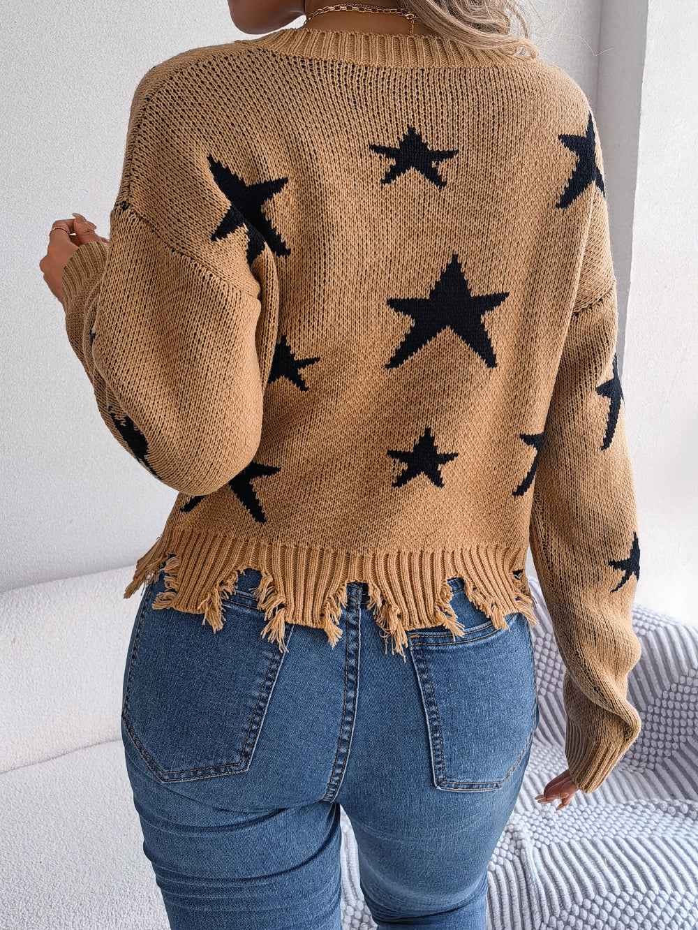 Sarah Express Women's Star Distressed V-Neck Knit Sweater - Long Sleeve Casual Pullover