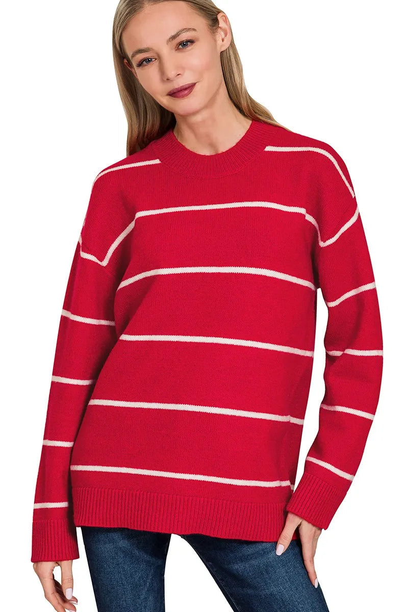 Sarah Express Women’s Red and White Striped Round Neck Sweater
