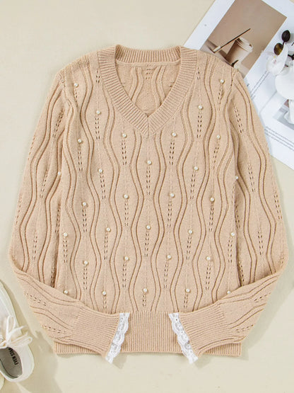 Sarah Express Women's Pearl-Embellished V-Neck Pullover Sweater