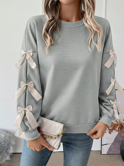 Sarah Express Women's Bowknot Sleeve Round Neck Sweatshirt Gray