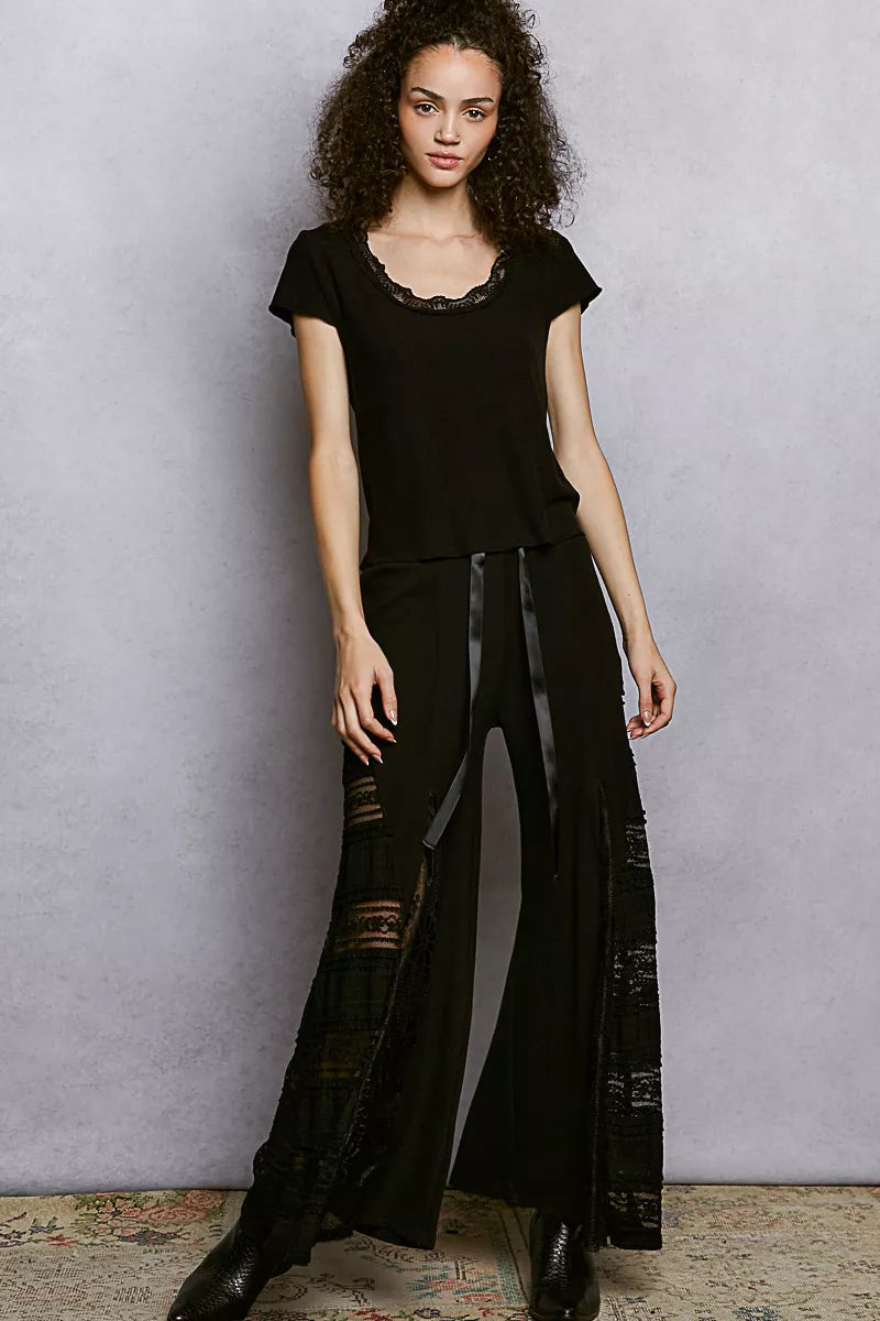 Sarah Express Women's Round Neck Short Sleeve Crop T-Shirt with Lace Trim