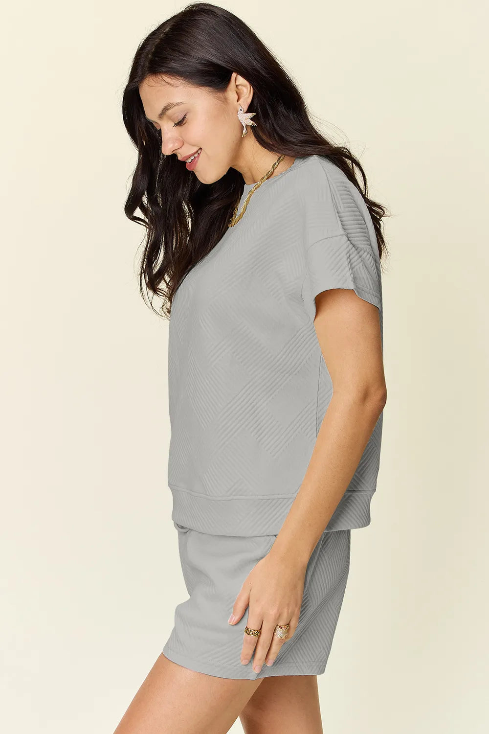 Sarah Express Women's Textured Short Sleeve T-Shirt and Drawstring Shorts Set