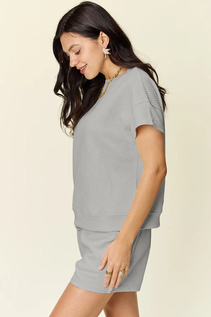 Sarah Express Women's Textured Short Sleeve T-Shirt and Drawstring Shorts Set