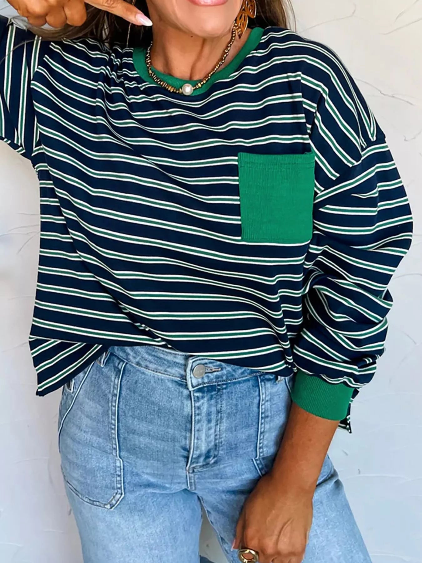 Sarah Express Women's Striped Long Sleeve Top with Pockets Dark Green