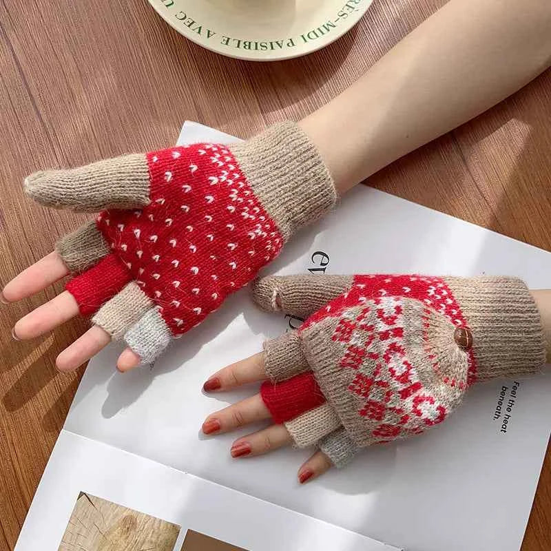 Sarah Express Women's Convertible Knit Gloves with Nordic Pattern - Fingerless Mittens