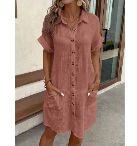 Sarah Express V-Neck Button Front Shirt Dress - A-Line Short Sleeve Women's Dress