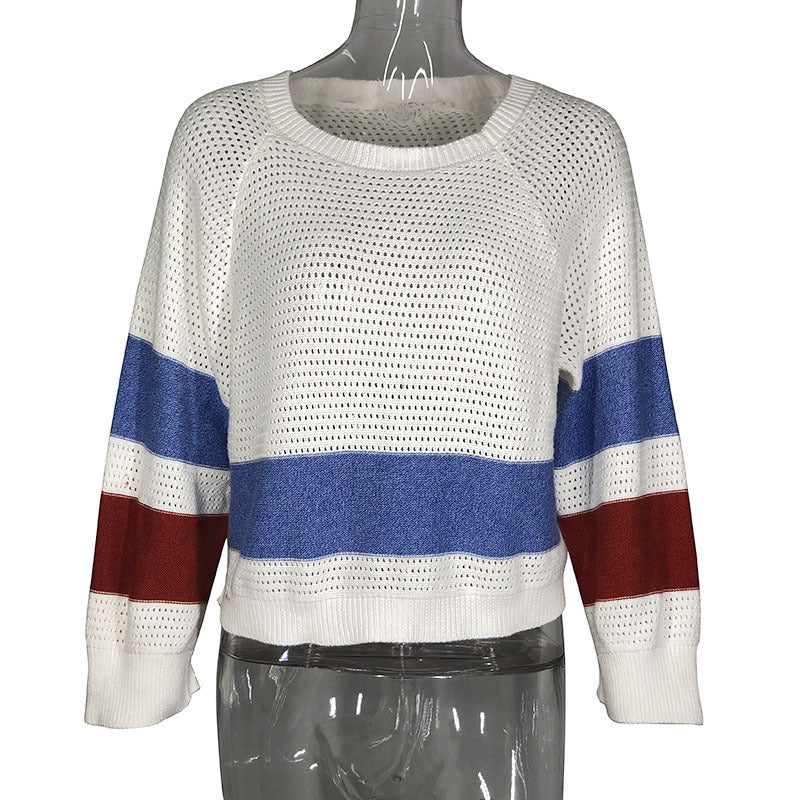 Sarah Express Striped Hollow-Out Pullover Sweater Long Sleeve Color Block Top
