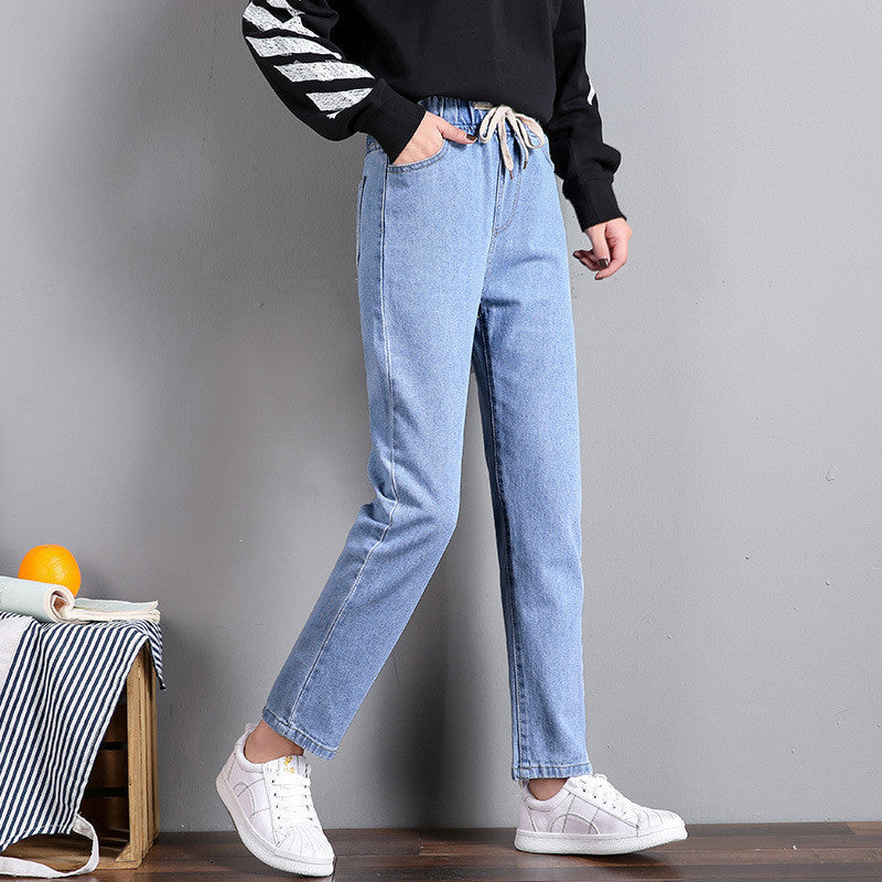 Sarah Express Women's High Waist Straight Leg Cropped Denim Jeans Elastic Waist