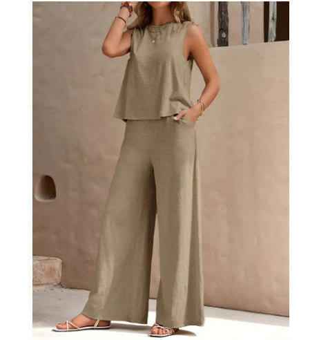 Sarah Express Women's Sleeveless Round Neck Top & Pants Two Piece Casual Set Street Style