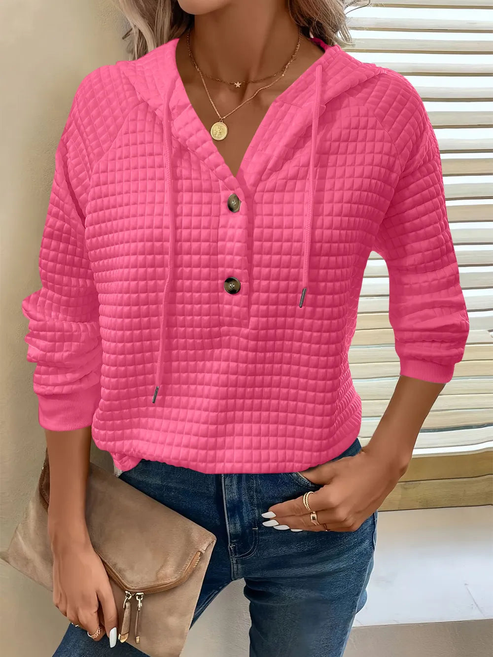 Sarah Express Women's Textured Button Detail Drawstring Long Sleeve Hoodie