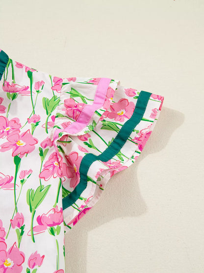 Sarah Express Women's Floral Print V Neck Ruffled Short Sleeve Blouse