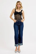 Sarah Express Women’s Plus Size Cropped Wide Leg Jeans with Printed Cuff
