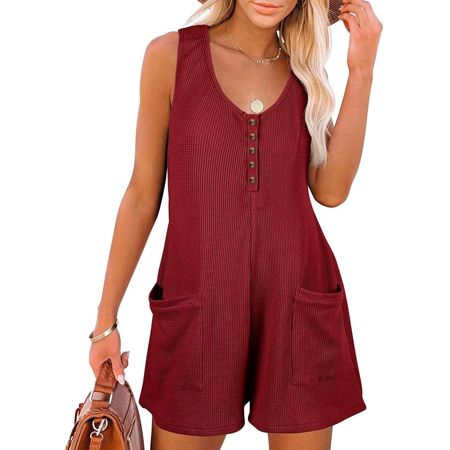 Sarah Express Women's Button Front Sleeveless Romper with Pockets