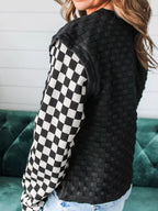 Sarah Express Women's Textured Contrast Checkered Patchwork Long Sleeve Top