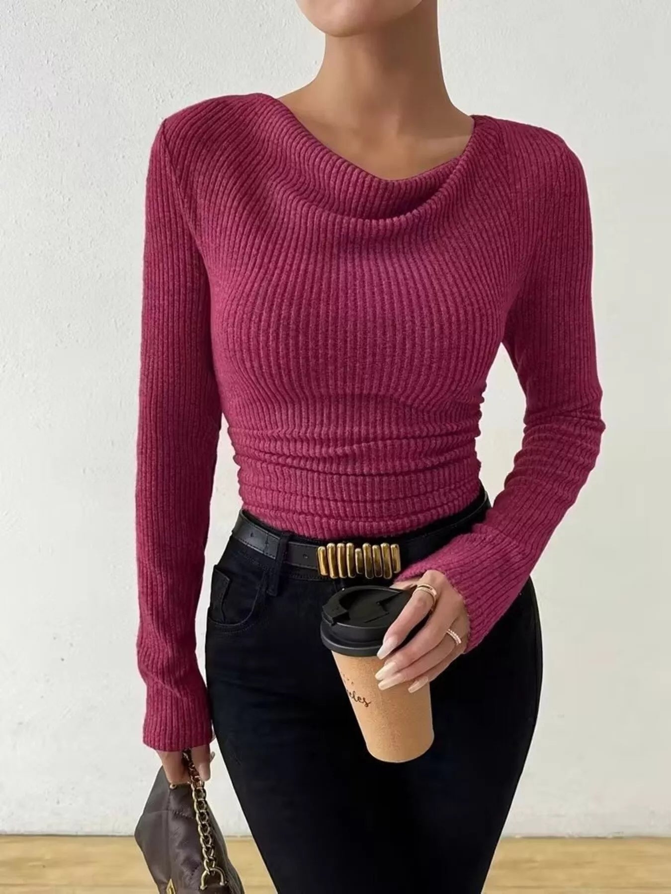 Sarah Express Women's Cowl Neck Ribbed Knit Top Fuchsia Pink