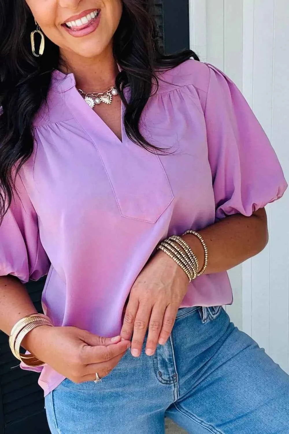 Sarah Express Women's V-Neck Puff Sleeve Blouse - Summer Fashion Top