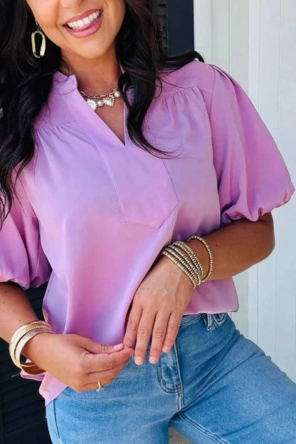 Sarah Express Women's V-Neck Puff Sleeve Blouse - Summer Fashion Top