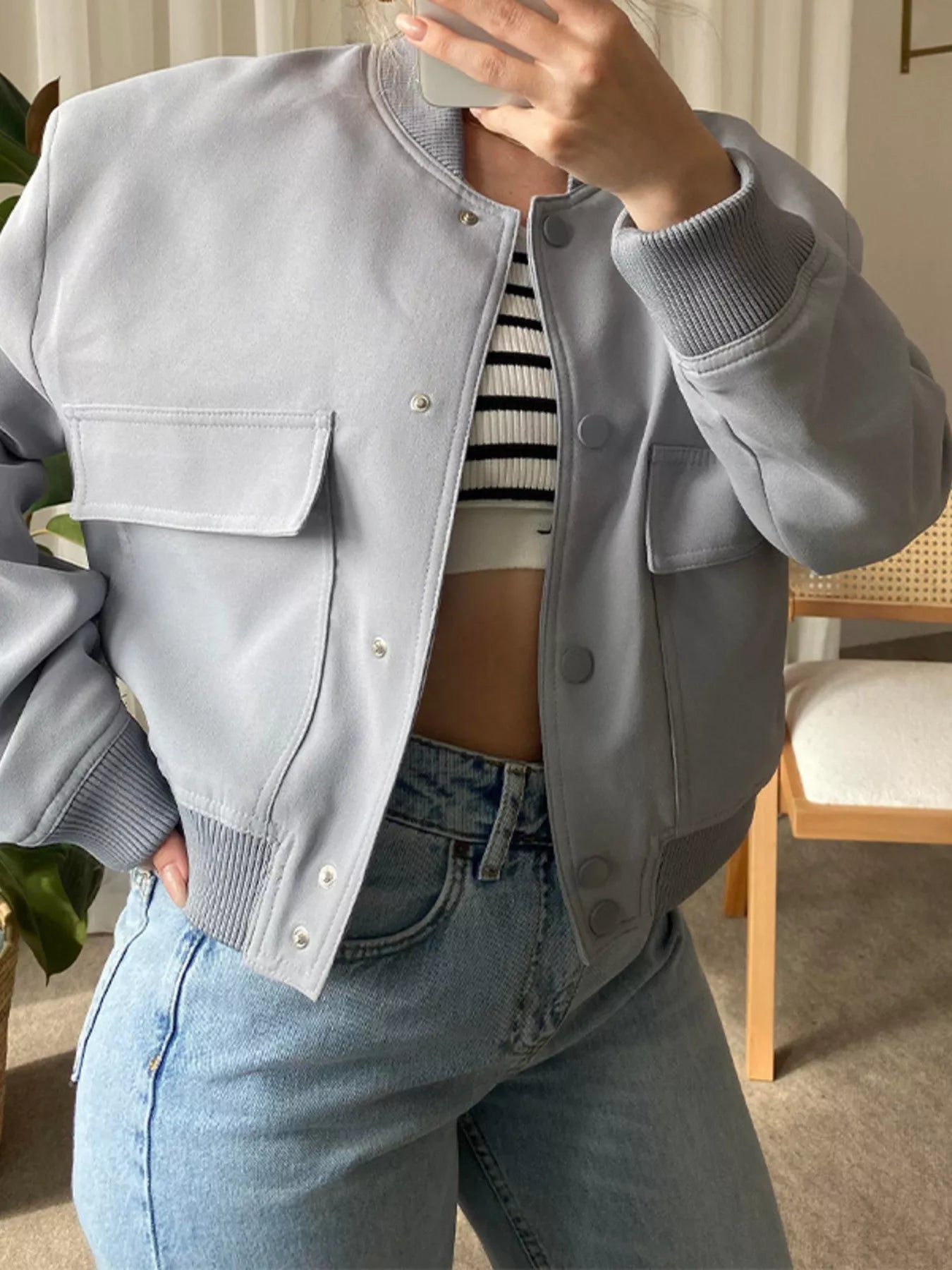 Sarah Express Women's Snap Down Long Sleeve Jacket Plus Size Gray