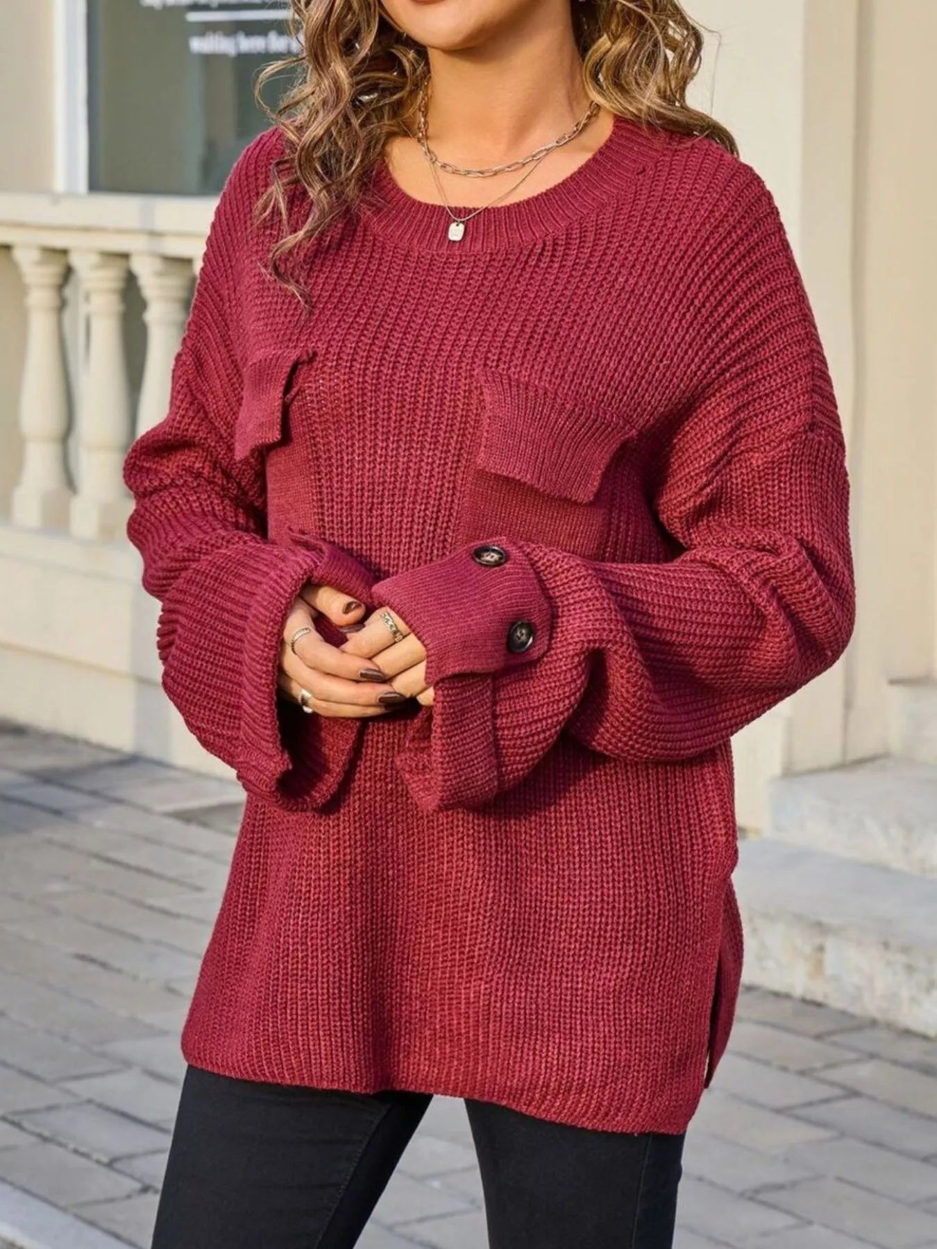 Sarah Express Women's Pocket Detail Round Neck Sweater - Button Front Cardigan