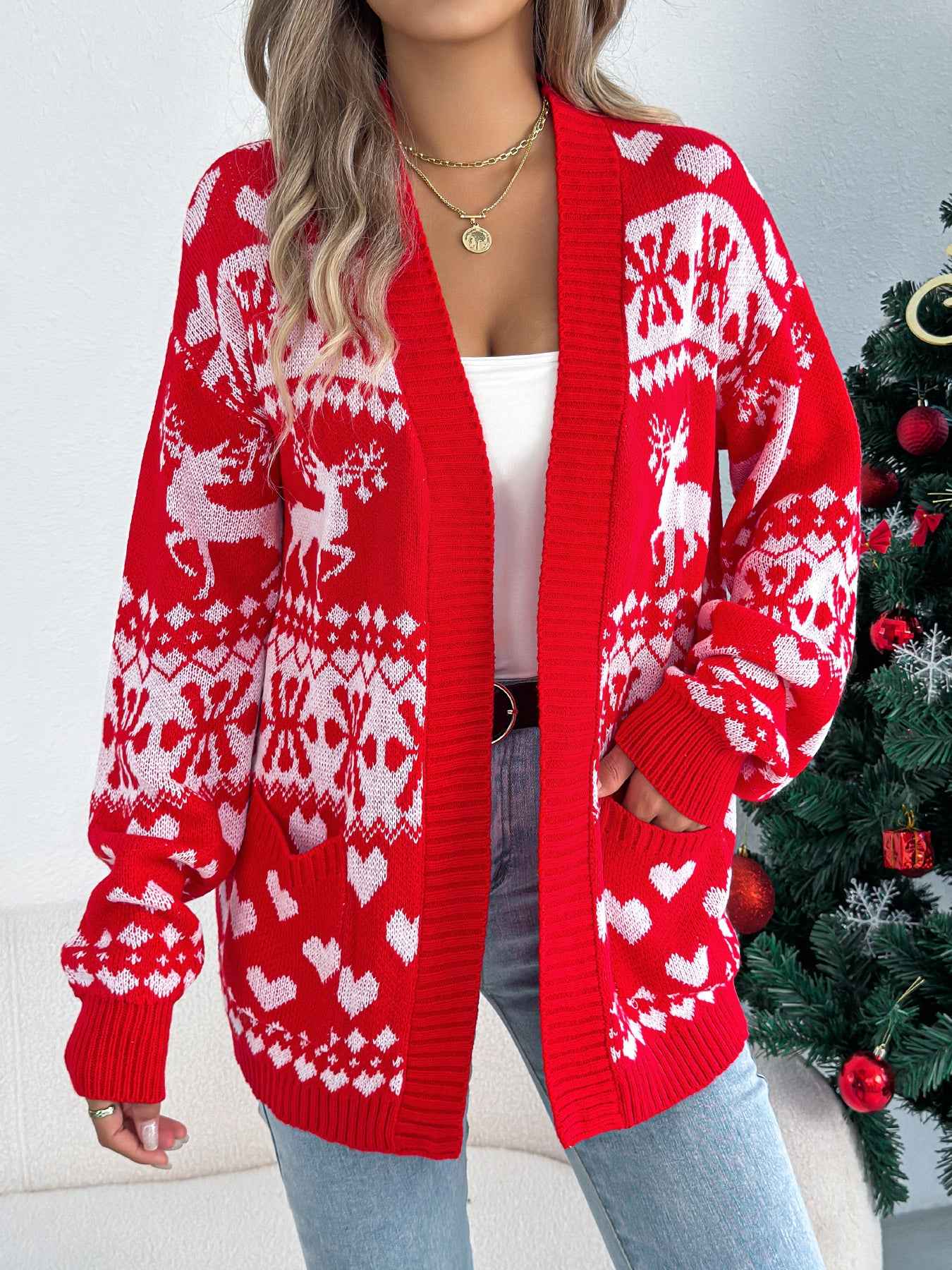 Sarah Express Women's Christmas Deer Pocket Cardigan Sweater Coat