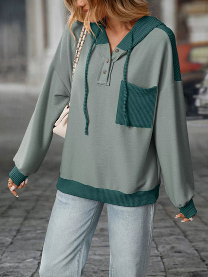 Sarah Express Women's Casual Color Block Button Detail Hoodie