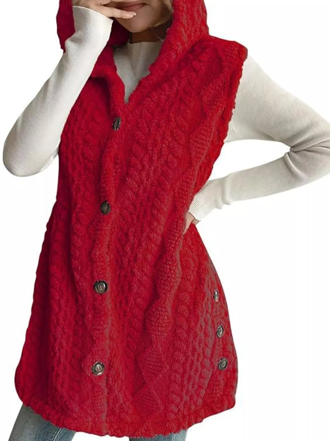 Sarah Express Women's Hooded Button-Up Sherpa Vest Coat