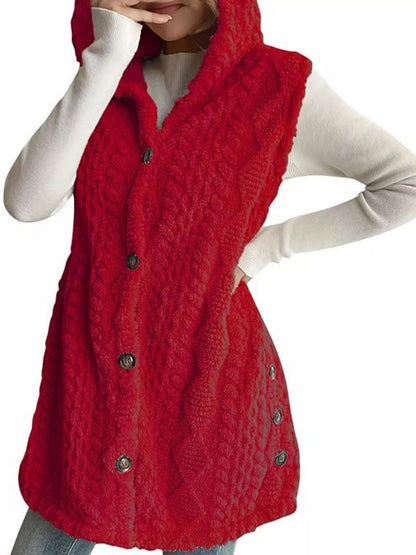 Sarah Express Women's Hooded Button-Up Sherpa Vest Coat