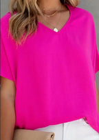 Sarah Express Women's Solid V-Neck Short Sleeve Blouse Casual Polyester Top