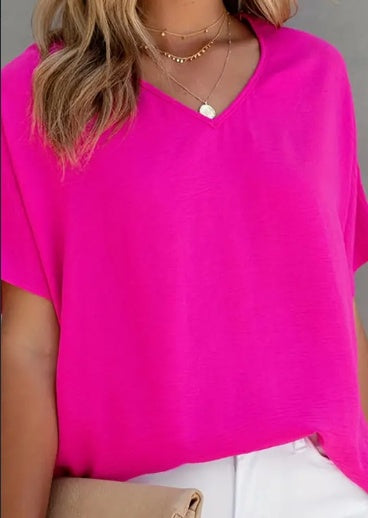 Sarah Express Women's Solid V-Neck Short Sleeve Blouse Casual Polyester Top