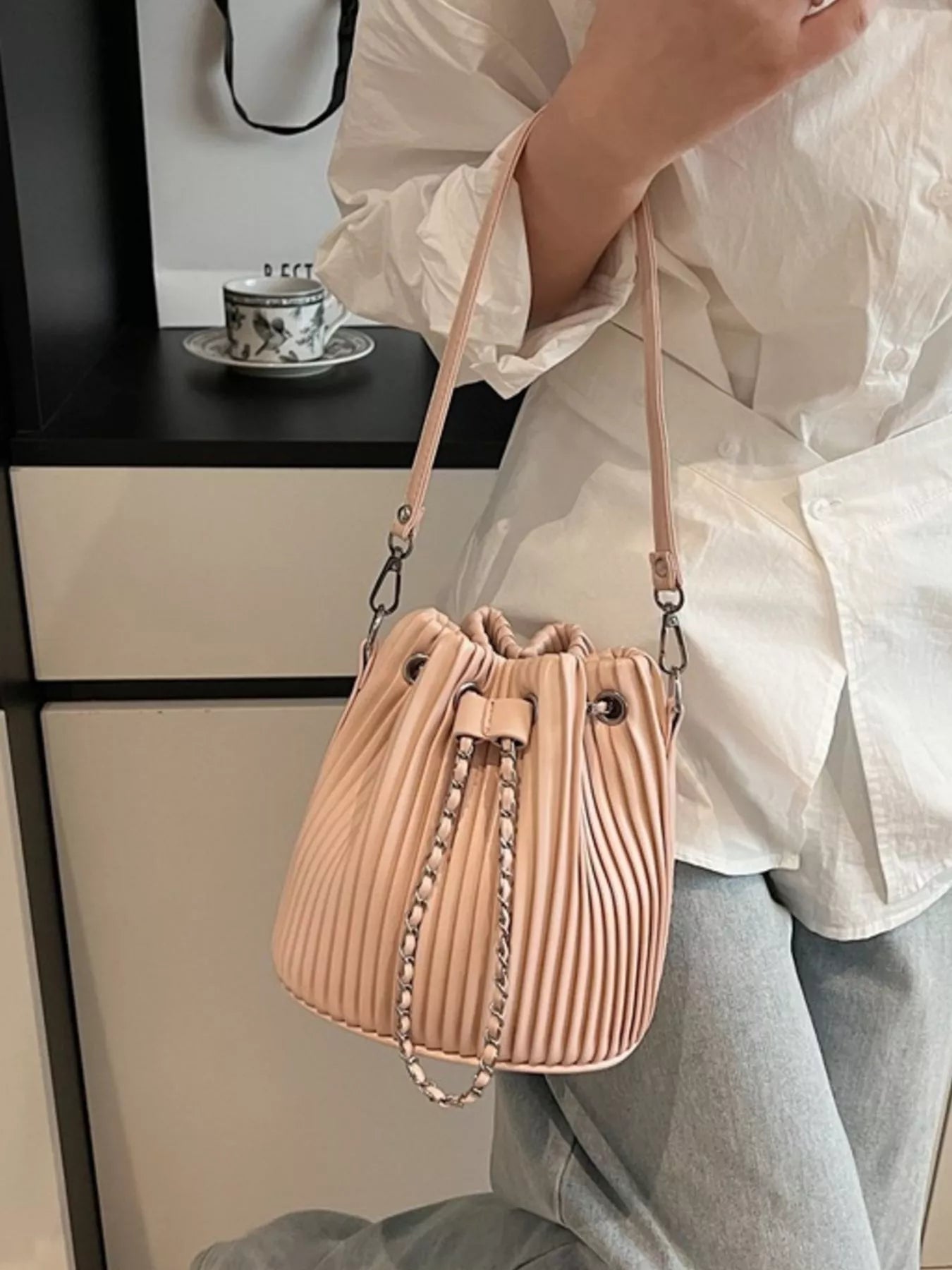 Sarah Express Pleated Bucket Crossbody Bag - Vegan Leather Shoulder Bag