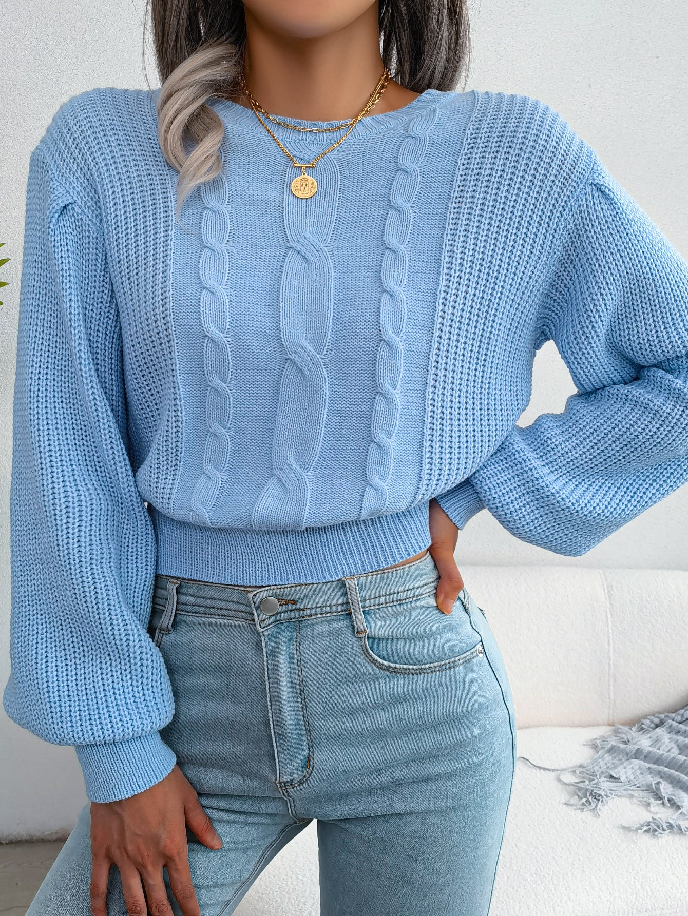 Sarah Express Women's Cable Knit Lantern Sleeve Cinched Sweater - Cozy Pullover Top