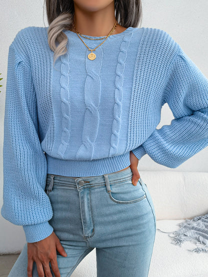 Sarah Express Women's Cable Knit Lantern Sleeve Cinched Sweater - Cozy Pullover Top