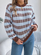 Sarah Express Women's Striped Round Neck Long Sleeve Sweater Brown