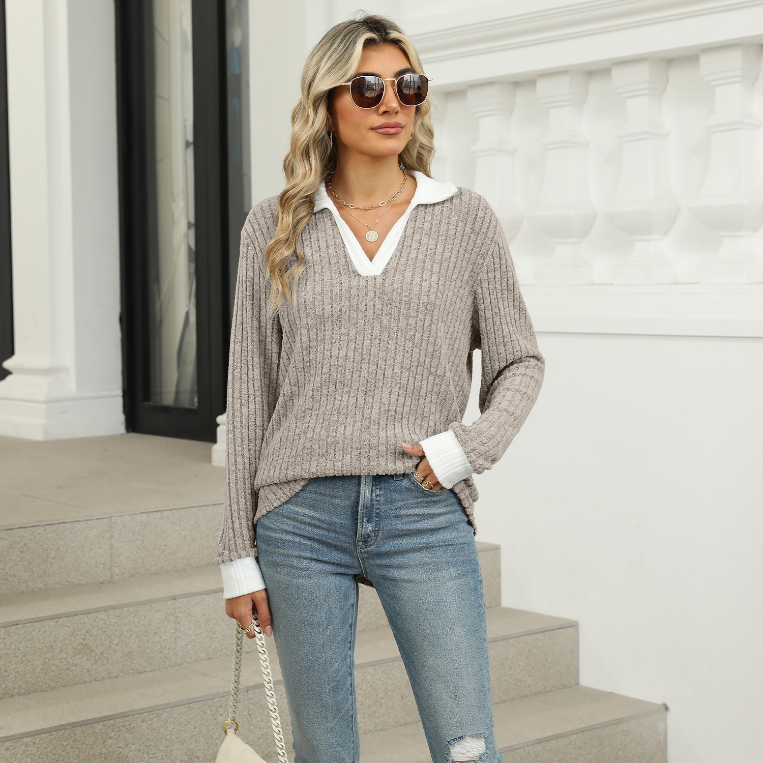 Sarah Express Women's Lapel Long Sleeve Loose Fit Top Rayon Pullover