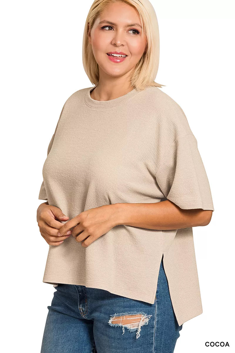 Sarah Express Women's Full Size Double Knit Side Slits Hi Low Short Sleeve Top Plus Size