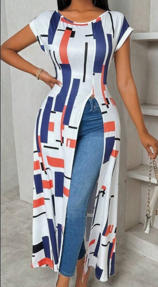 Sarah Express Women's Geometric Print Maxi T-Shirt Dress High Slit Short Sleeve Summer