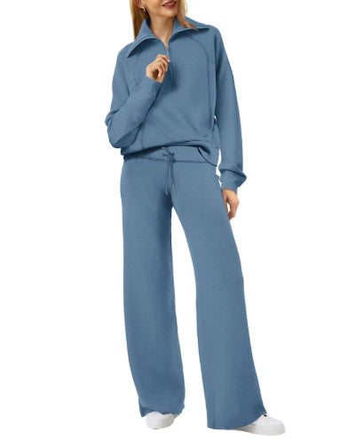 Sarah Express Women's Long Sleeve Zipper Sweatshirt and Wide-Leg Pants Athleisure Set