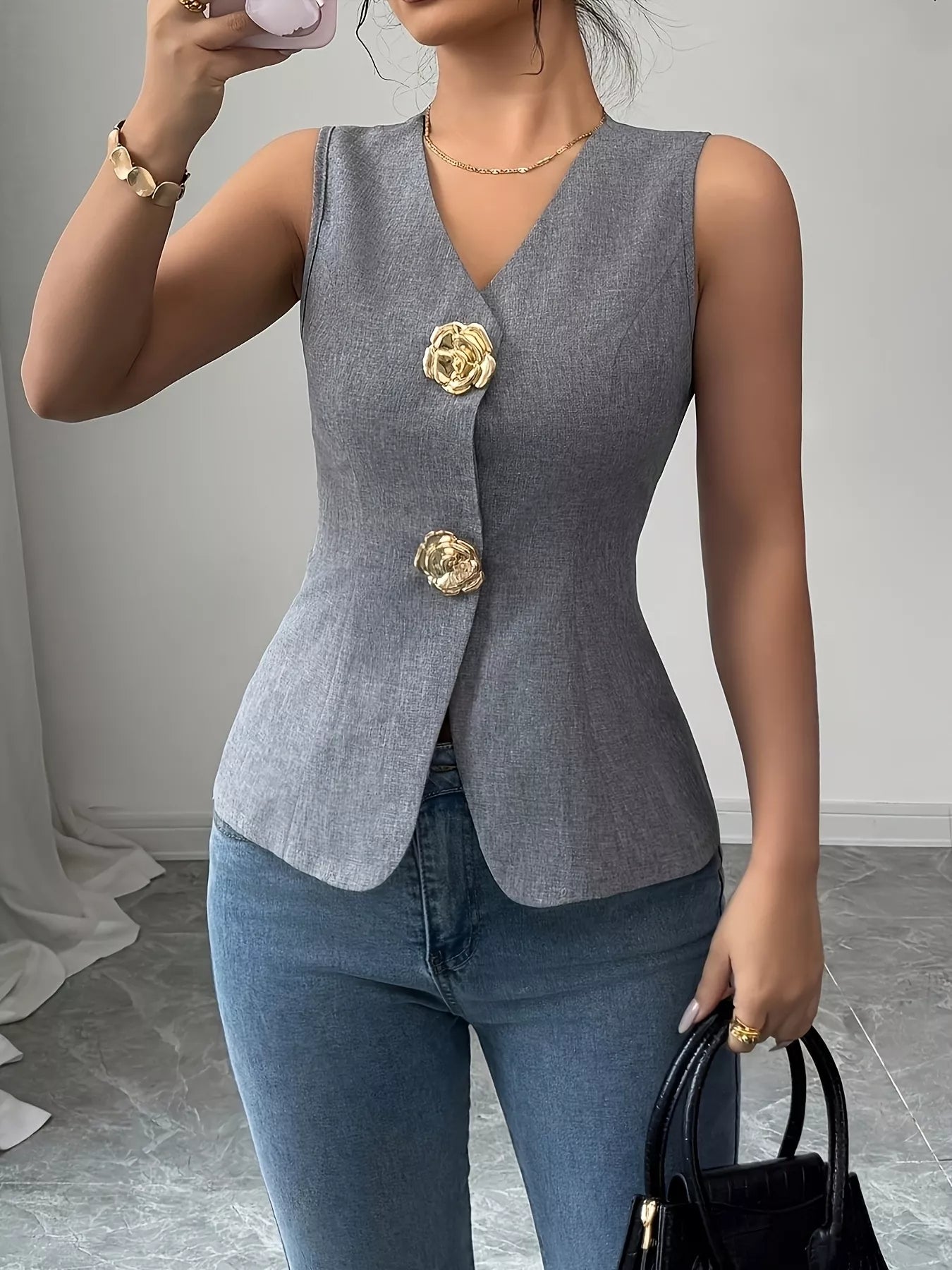 Sarah Express Women's Floral Button Front Vest Coat Dark Gray