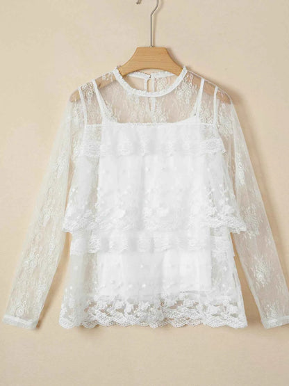 Sarah Express Women's Sheer Floral Lace Ruffle Tiered Blouse Set - 2 Piece