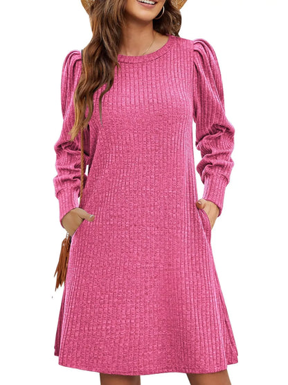 Sarah Express Women's Ribbed Knit Puff Sleeve Mini Dress