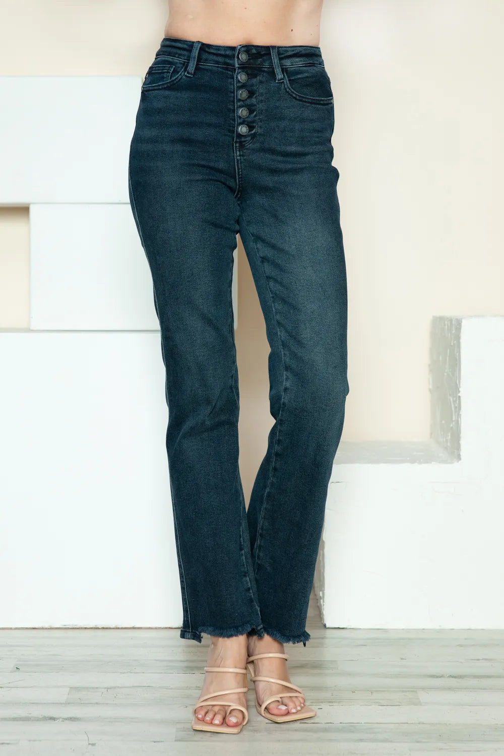 Sarah Express Women’s Plus Size High Rise Distressed Button Fly Straight Jeans
