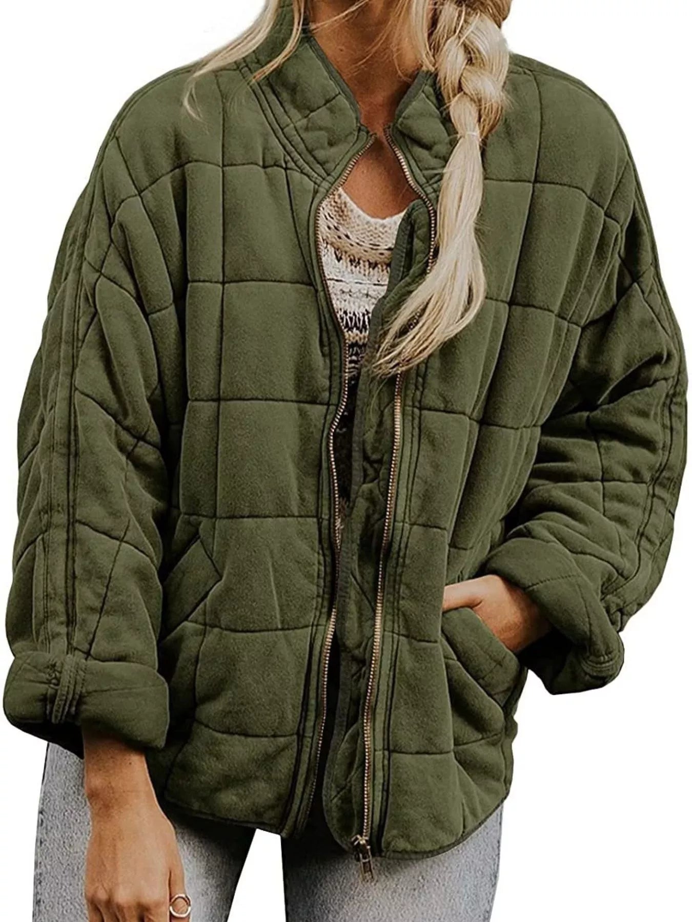 Sarah Express Women's Quilted Zip Up Jacket Army Green